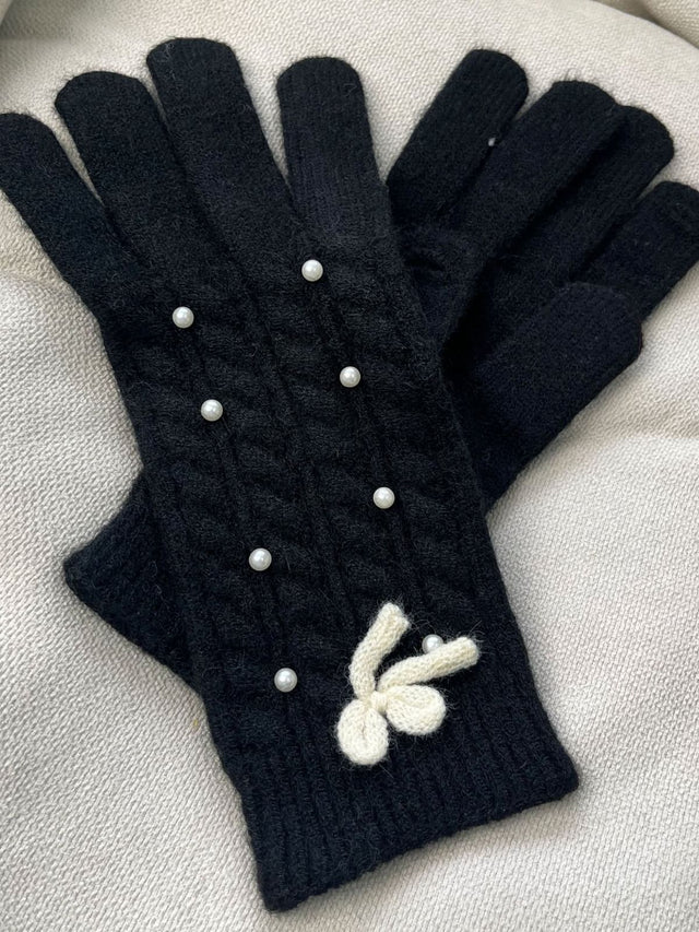 Thermal Pearl Detail Bow Five-Finger Gloves | Hanalas