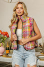 BiBi Quilted Washed Plaid Snap Down Vest | Hanalas