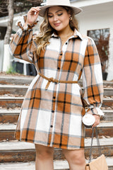 Khaki Western Plaid Button Up Loose Shirt Dress