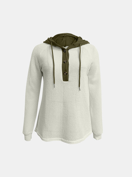 Full Size Waffle-Knit Contrast Long Sleeve Hoodie | Hanalas