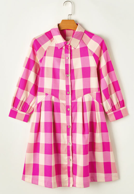 Ruched Plaid Three-Quarter Sleeve Shirt Dress | Hanalas