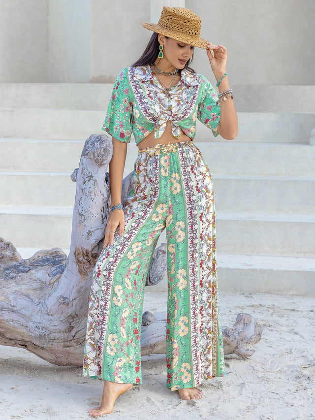 Printed Half Sleeve Top and Wide Leg Pants Set | Hanalas