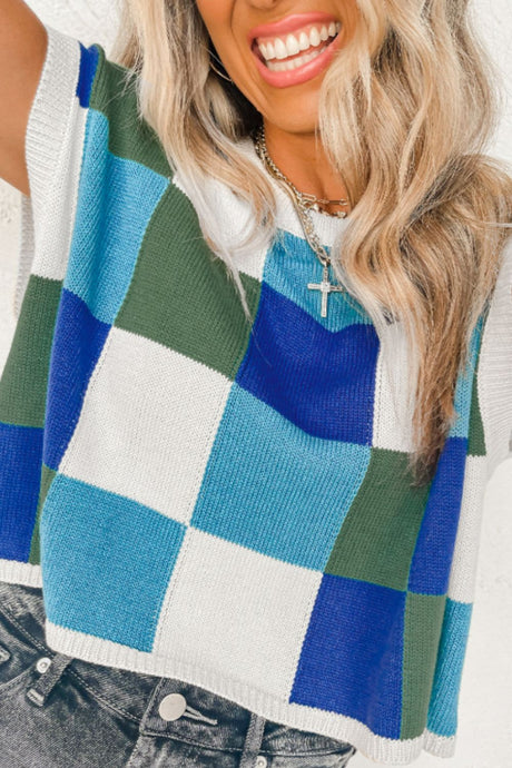 Contrast Plaid Round Neck Cap Sleeve Sweater | Hanalas