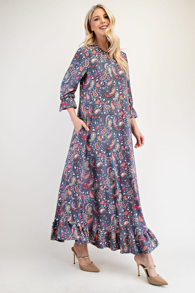 Celeste Full Size Ruffle Hem Paisley Round Neck Dress | Hanalas