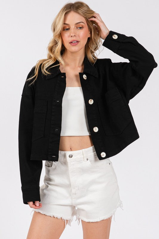 bytos Button Down Cropped Denim Jacket with Patch Pockets | Hanalas