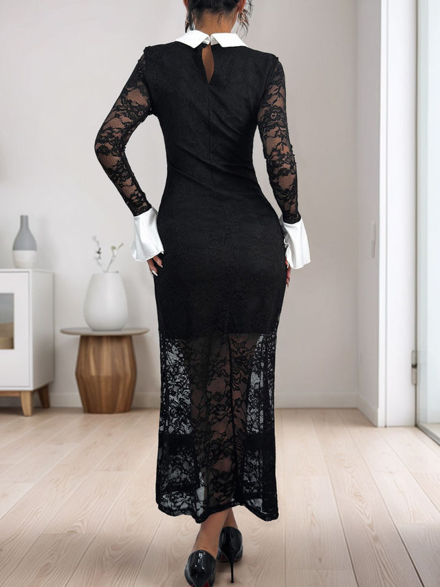 Perfee Lace Contrast Collared Neck Long Sleeve Midi Dress | Hanalas