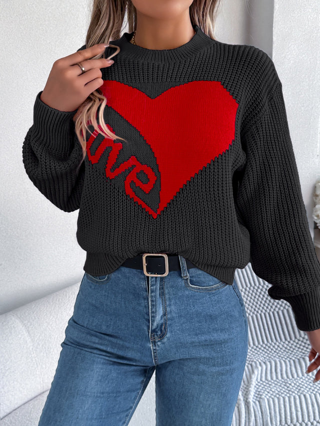 LOVE Heart Round Neck Dropped Shoulder Sweater | Hanalas