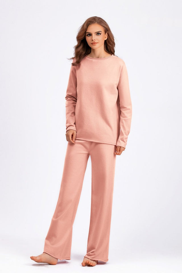 Basic Bae Rolled Round Neck Top and Pants Sweater Set Trendsi Hanalas