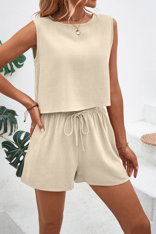 Round Neck Top and Drawstring Shorts Set | Hanalas