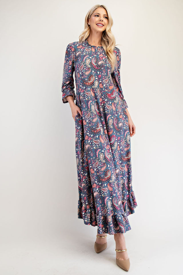 Celeste Full Size Ruffle Hem Paisley Round Neck Dress | Hanalas