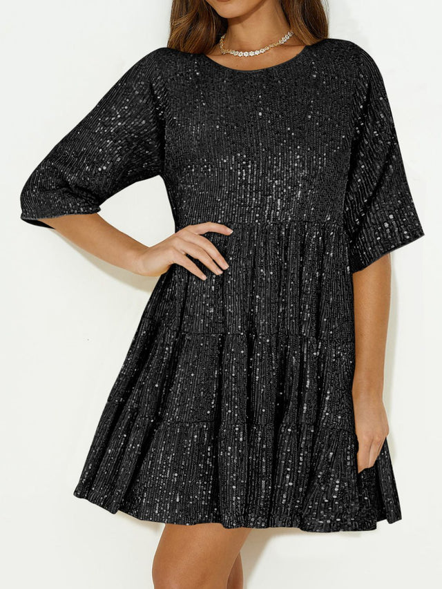 Sequin Round Neck Half Sleeve Mini Dress | Hanalas