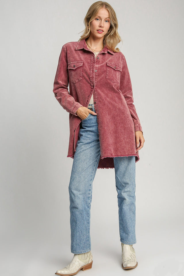 Umgee Raw Hem Button Down Denim Jacket with Chest Pockets | Hanalas