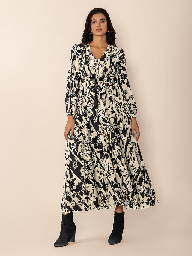 Tied Printed V-Neck Long Sleeve Midi Dress Trendsi Hanalas