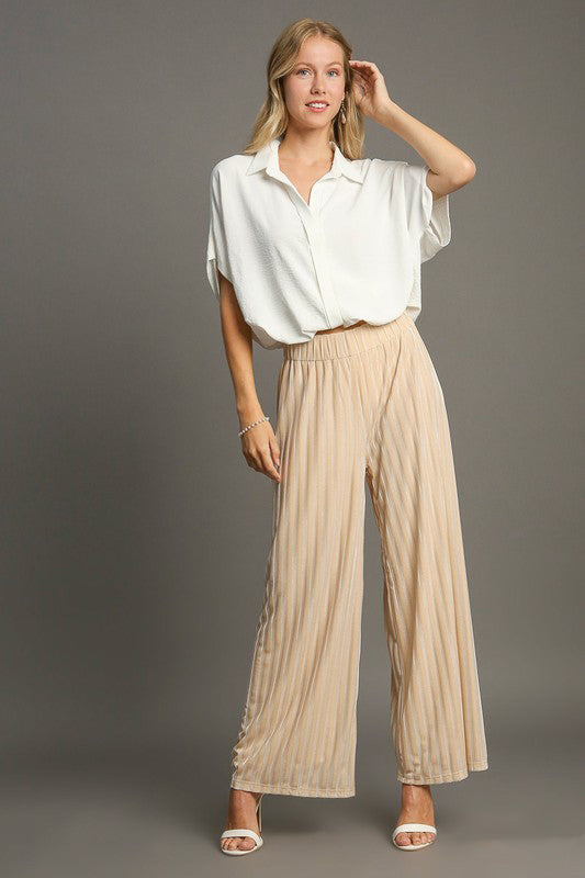 Umgee Elastic Waist Striped Wide Leg Velvet Pants | Hanalas