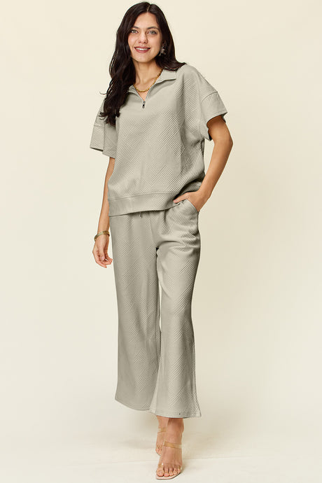 Double Take Full Size Texture Half Zip Short Sleeve Top and Pants Set | Hanalas