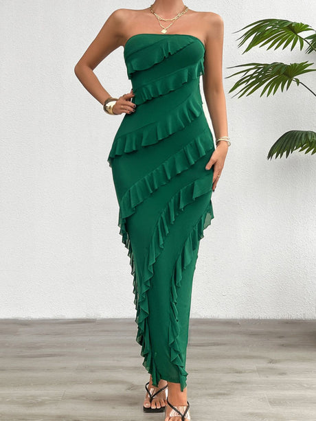 Devine Ruffled Slit Back Tube Maxi Dress | Hanalas