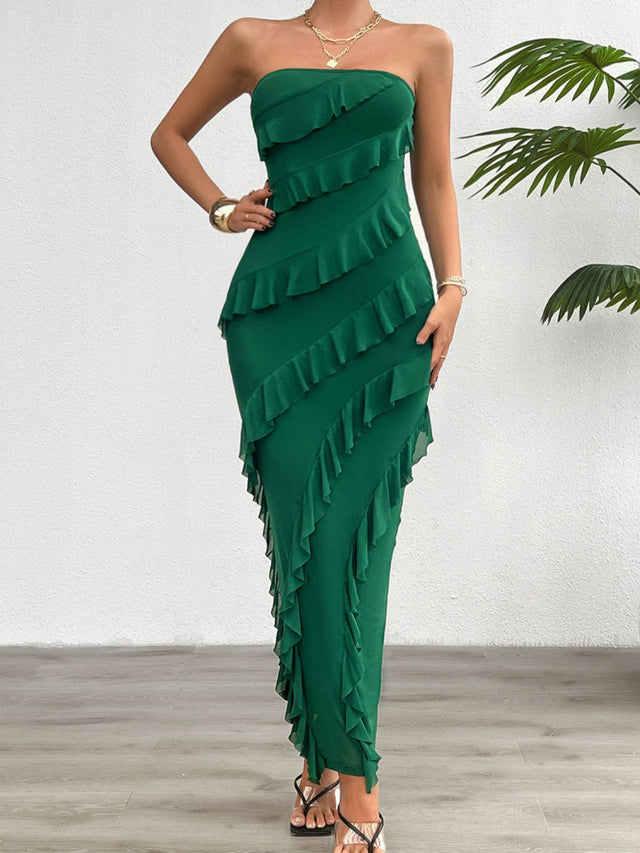 Devine Ruffled Slit Back Tube Maxi Dress | Hanalas