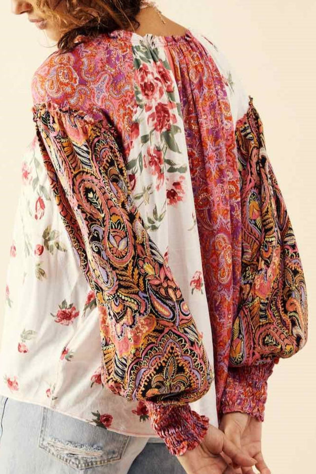 Frill Floral Shirred Cuff Long Sleeve Blouse | Hanalas