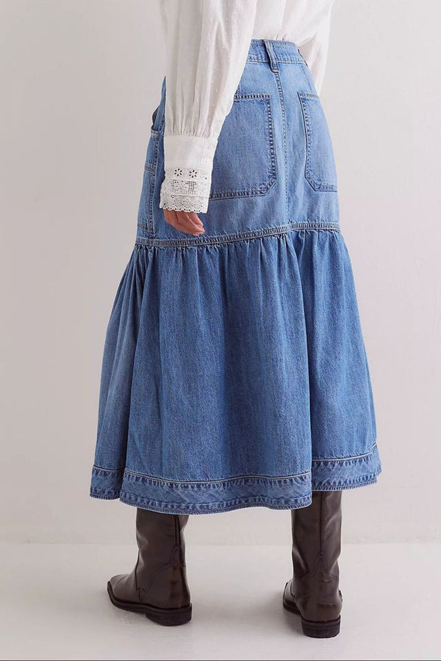 Midi Denim Skirt with Pockets | Hanalas