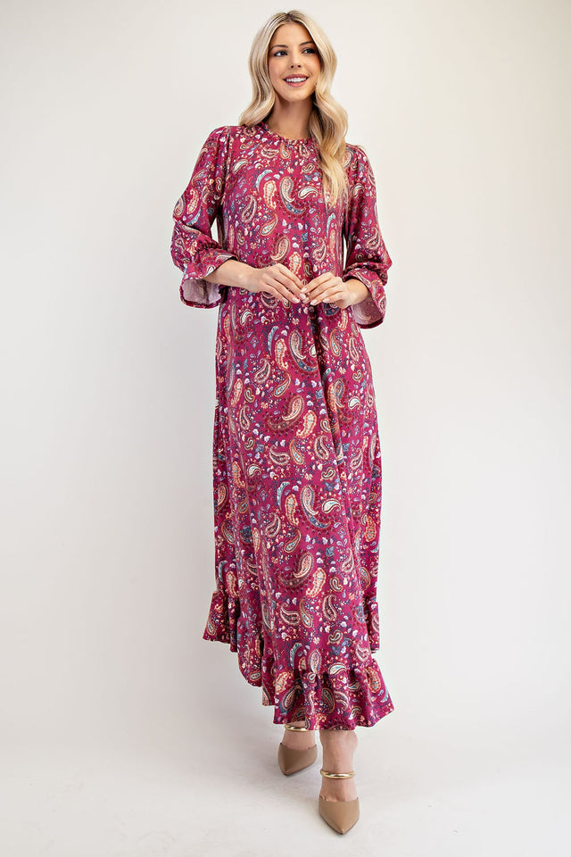 Celeste Full Size Ruffle Hem Paisley Round Neck Dress | Hanalas