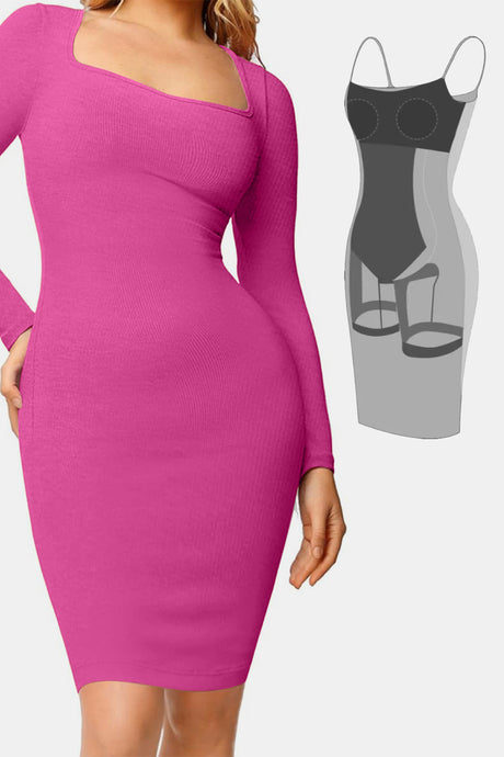 Basic Bae Full Size Built-In Shapewear Square Neck Long Sleeve Dress | Hanalas