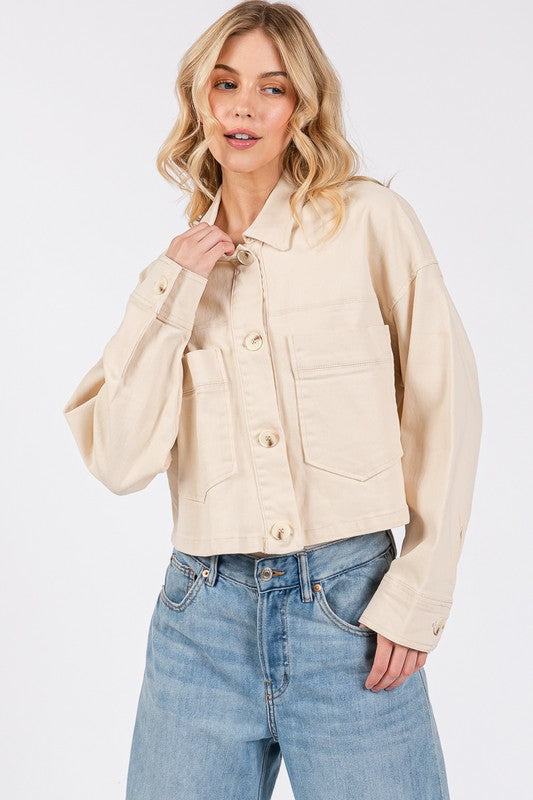 bytos Button Down Cropped Denim Jacket with Patch Pockets | Hanalas