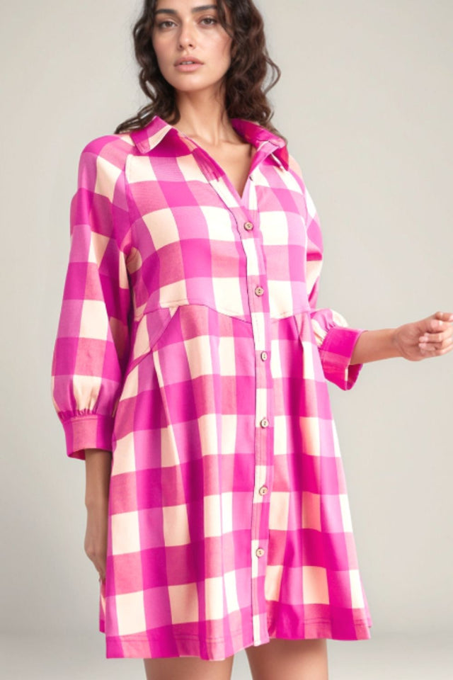 Ruched Plaid Three-Quarter Sleeve Shirt Dress | Hanalas