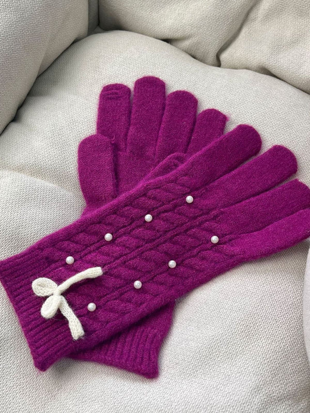 Thermal Pearl Detail Bow Five-Finger Gloves | Hanalas