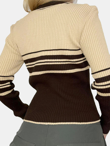 Striped Collared Neck Long Sleeve Knit Top | Hanalas