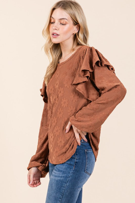 BOMBOM Ruffled Flower Round Neck Blouse | Hanalas