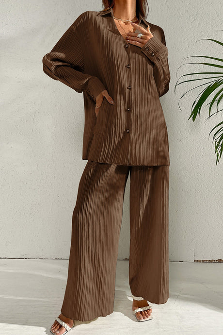 Johnny Collar Button Down Top and Pants Set | Hanalas