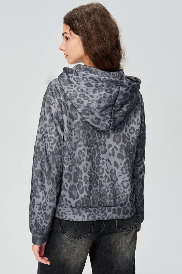 Pocketed Leopard Zip Up Hooded Jacket | Hanalas