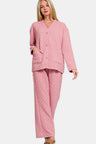 Zenana Quilted Button Up Long Sleeve Top and Pants Lounge Set | Hanalas