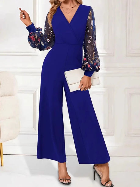 Surplice Embroidered Long Sleeve Wide Leg Jumpsuit Trendsi Hanalas