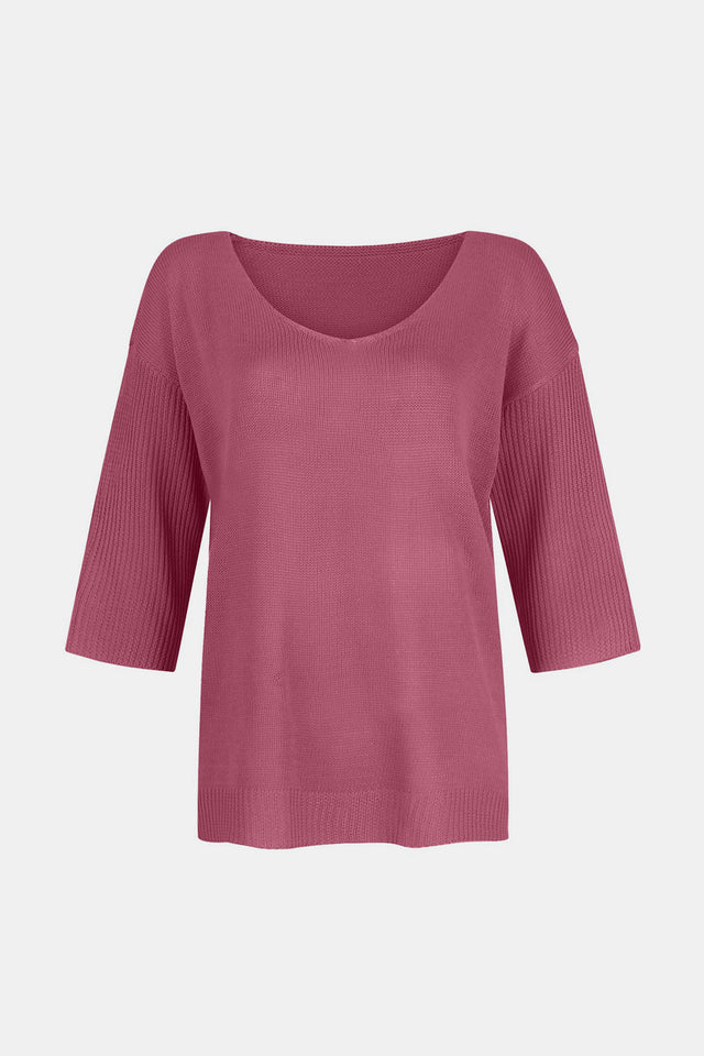 V-Neck Three-Quarter Sleeve Knit Top | Hanalas