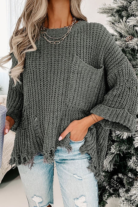 Distressed Round Neck Drop Shoulder Sweater | Hanalas