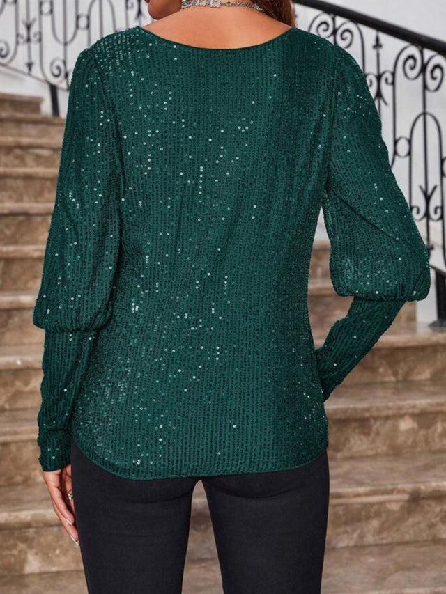 Sequin Boat Neck Long Sleeve Top | Hanalas