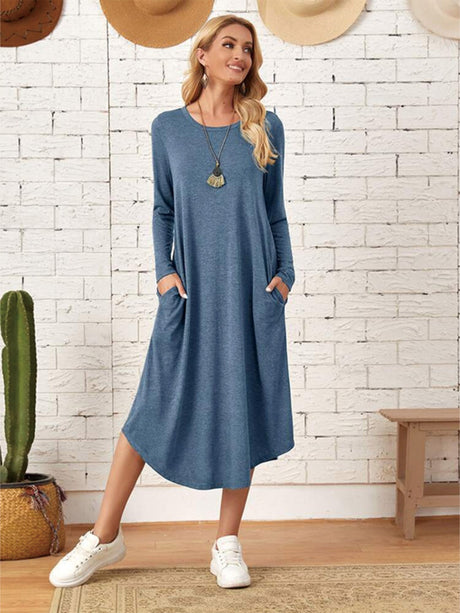 Pocketed Round Neck Long Sleeve Tee Dress - Hanalas