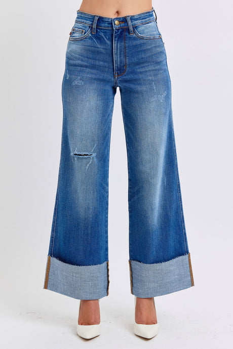 Judy Blue Full Size Distressed High Waist Wide Leg Jeans | Hanalas