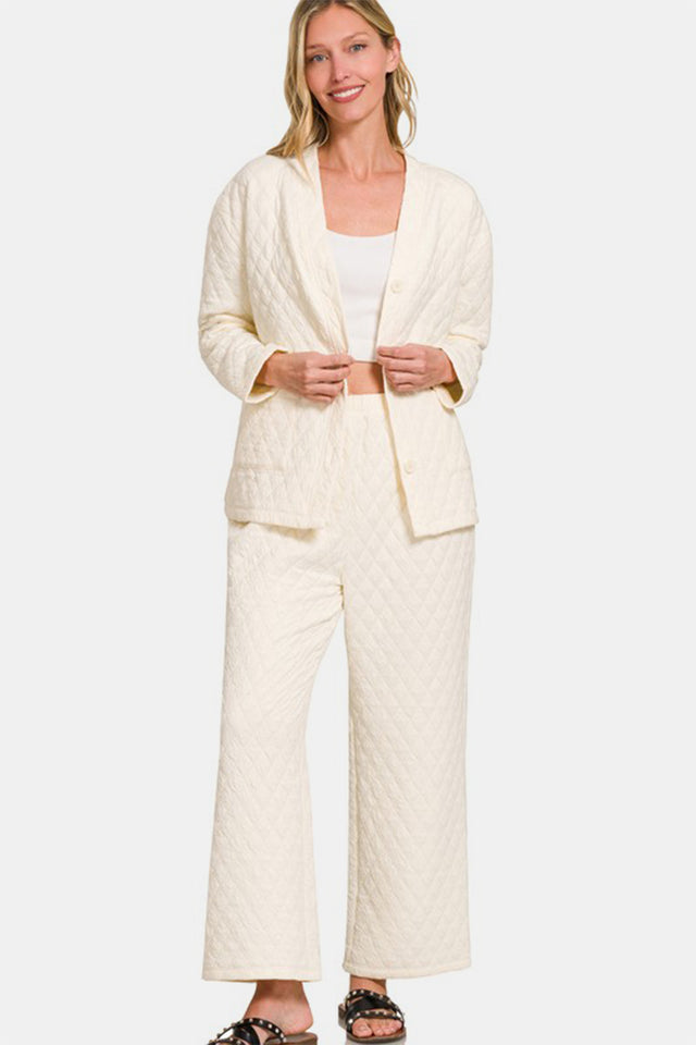 Zenana Quilted Button Up Long Sleeve Top and Pants Lounge Set | Hanalas