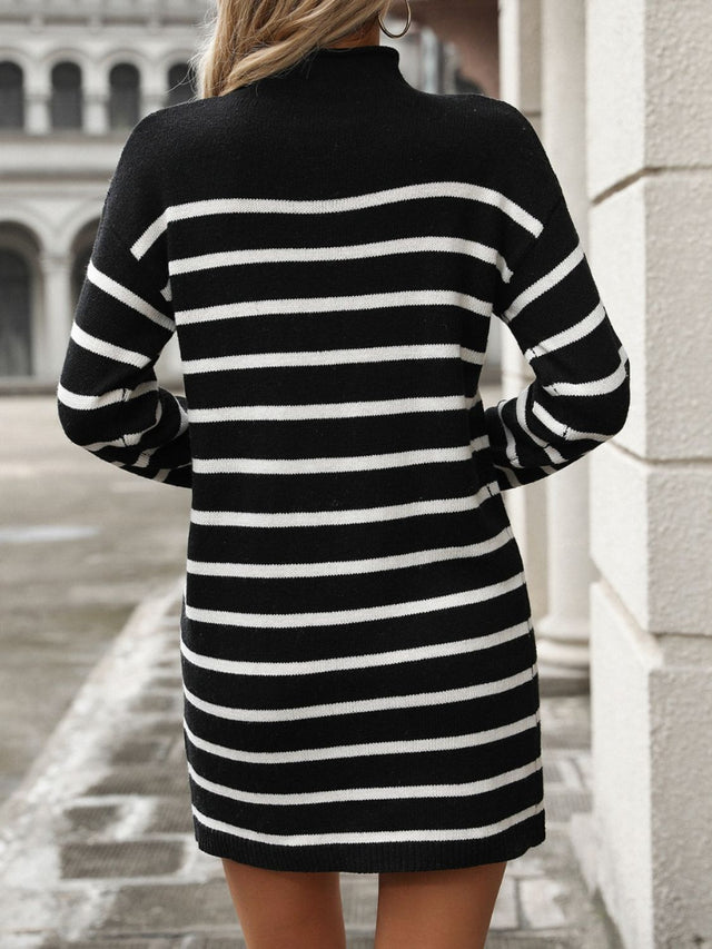 Striped Mock Neck Long Sleeve Mini Dress