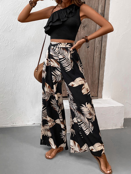 Honey Ruffled Sleeveless Top and Printed Pants Set | Hanalas