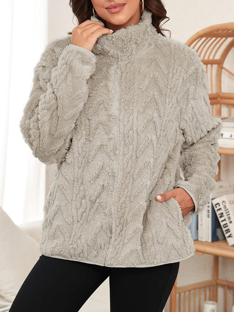 Fuzzy Zip Up Long Sleeve Jacket | Hanalas