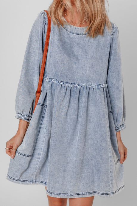 Cutout Round Neck Balloon Sleeve Denim Dress Trendsi Hanalas