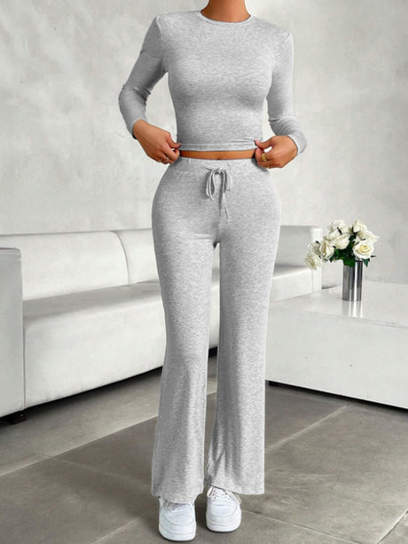 Round Neck Long Sleeve Top and Drawstring Pants Set Trendsi Hanalas