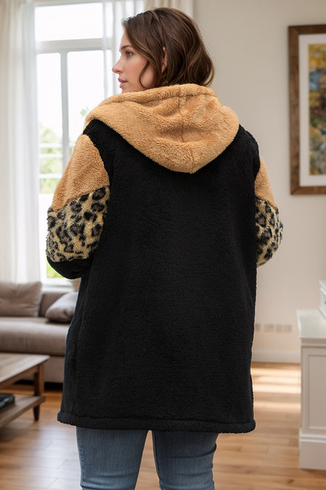 Plus Size Leopard Zip Up Hooded Outerwear Trendsi Hanalas