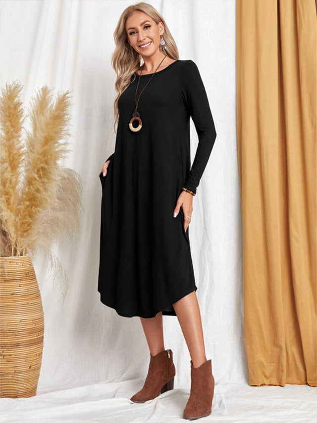 Pocketed Round Neck Long Sleeve Tee Dress - Hanalas