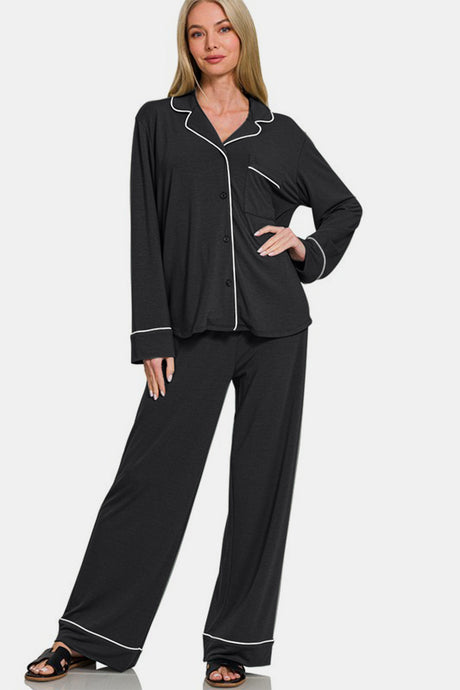 Zenana Button Down Long Sleeve Top and Pants Lounge Set | Hanalas