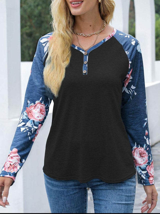 V-Neck Floral Long Sleeve T-Shirt | Hanalas