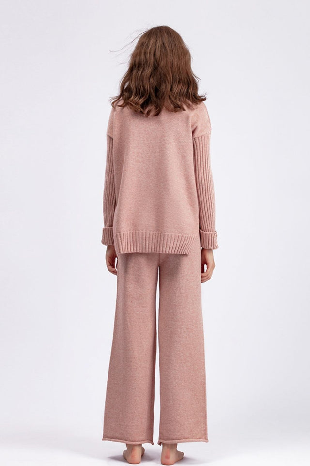 Basic Bae High- Low Turtleneck Long Sleeve Top and Pants Sweater Set Trendsi Hanalas